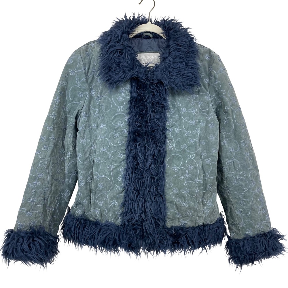 Wilsons Leather Maxima‎ Vintage Size XL Jacket Blue Suede Embroidered Faux Fur